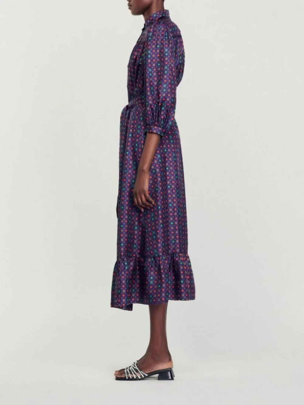 Sandro Paris | Scarf Print Midi Dress In Navy - Picture 2 of 16